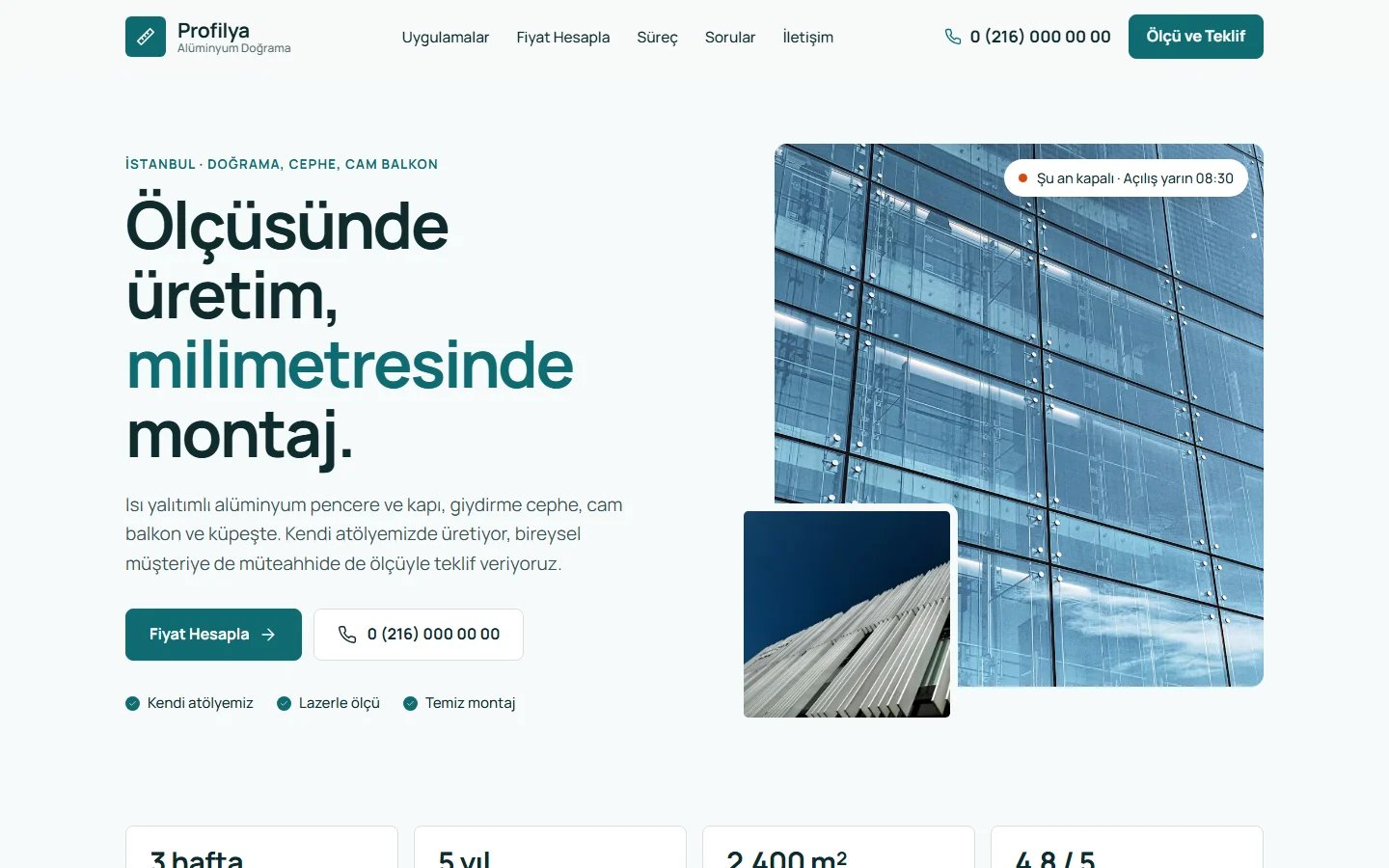 Alüminyum Doğrama için örnek web sitesinin masaüstü açılış ekranı
