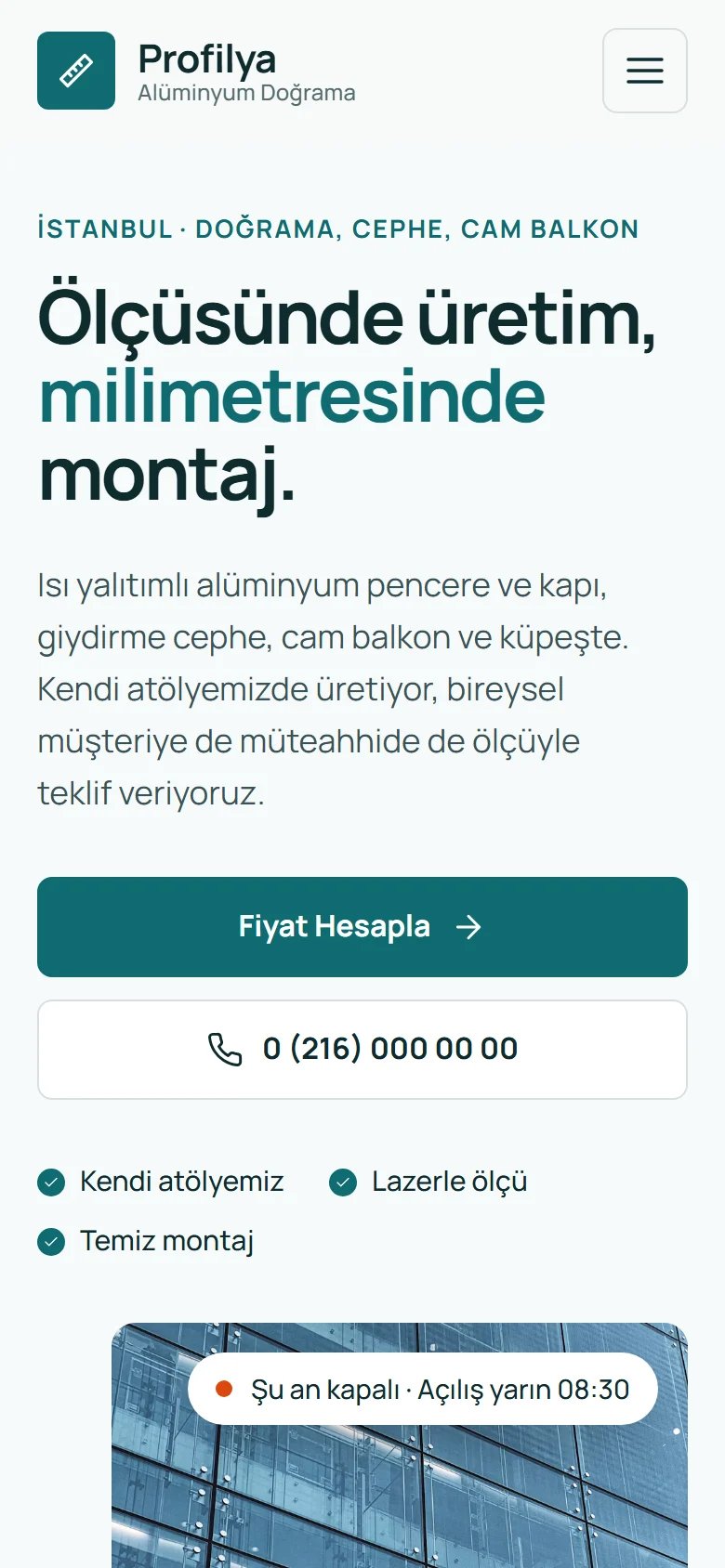 Alüminyum Doğrama için örnek web sitesinin telefon görünümü
