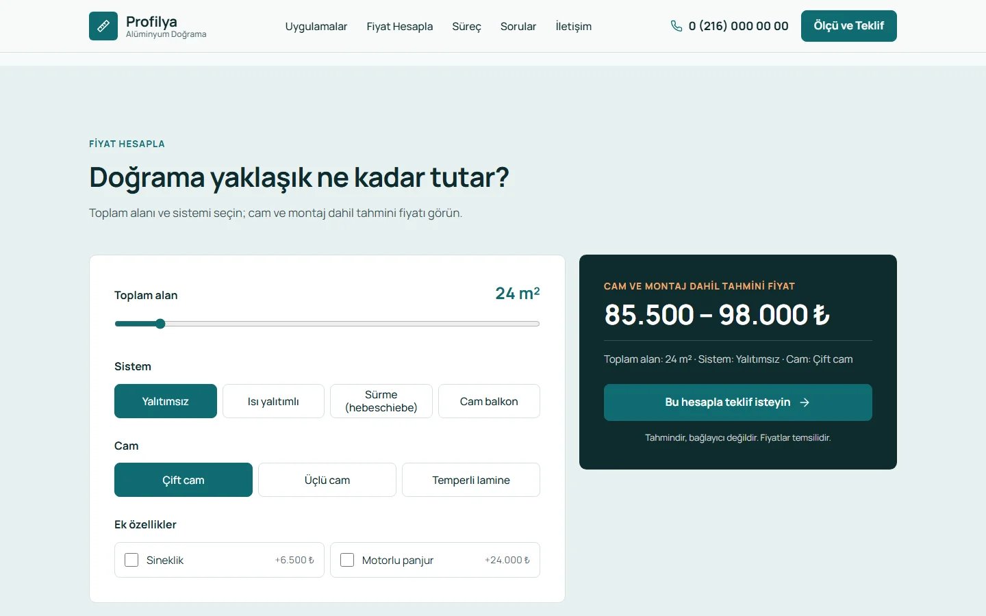 Alüminyum Doğrama örnek web sitesinde hesaplama aracı bölümü