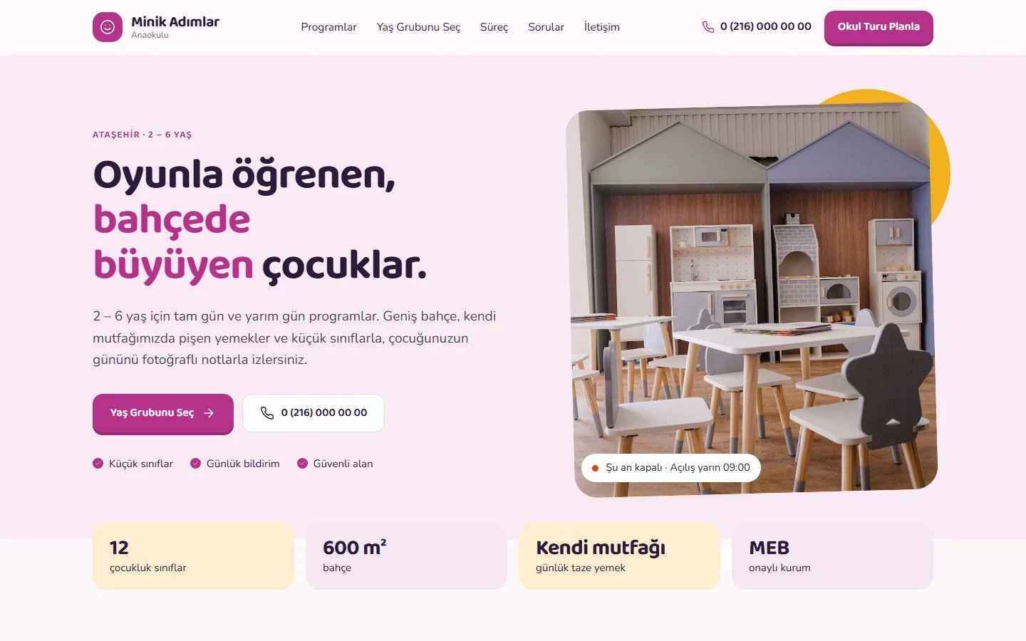 Anaokulu ve Kreş için örnek web sitesinin masaüstü açılış ekranı