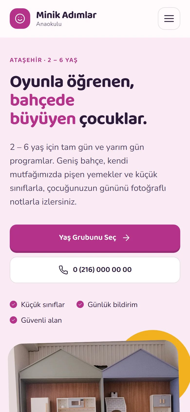Anaokulu ve Kreş için örnek web sitesinin telefon görünümü