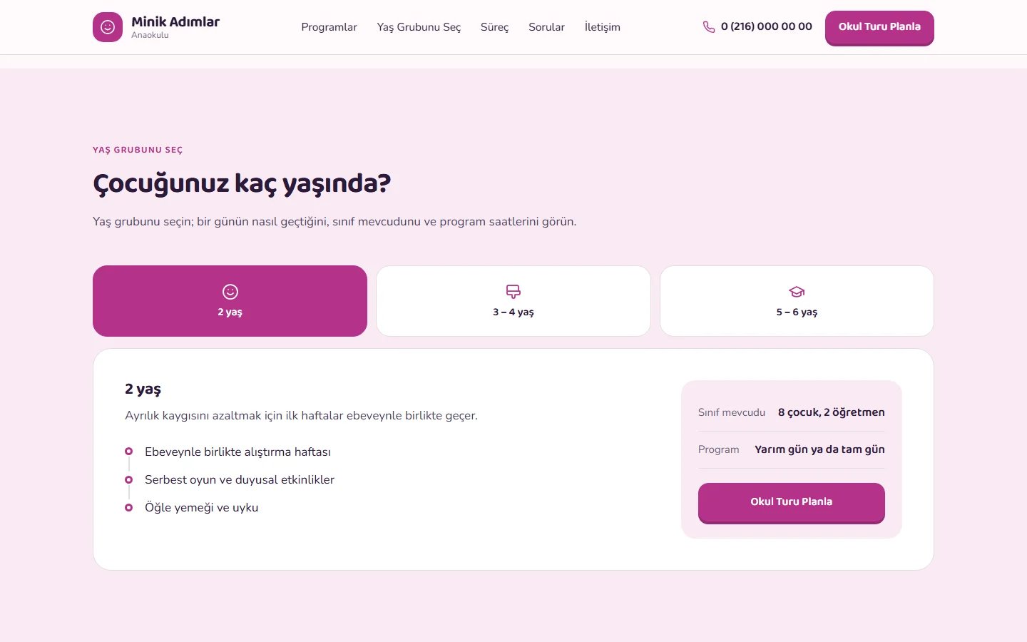 Anaokulu ve Kreş örnek web sitesinde seçim aracı bölümü