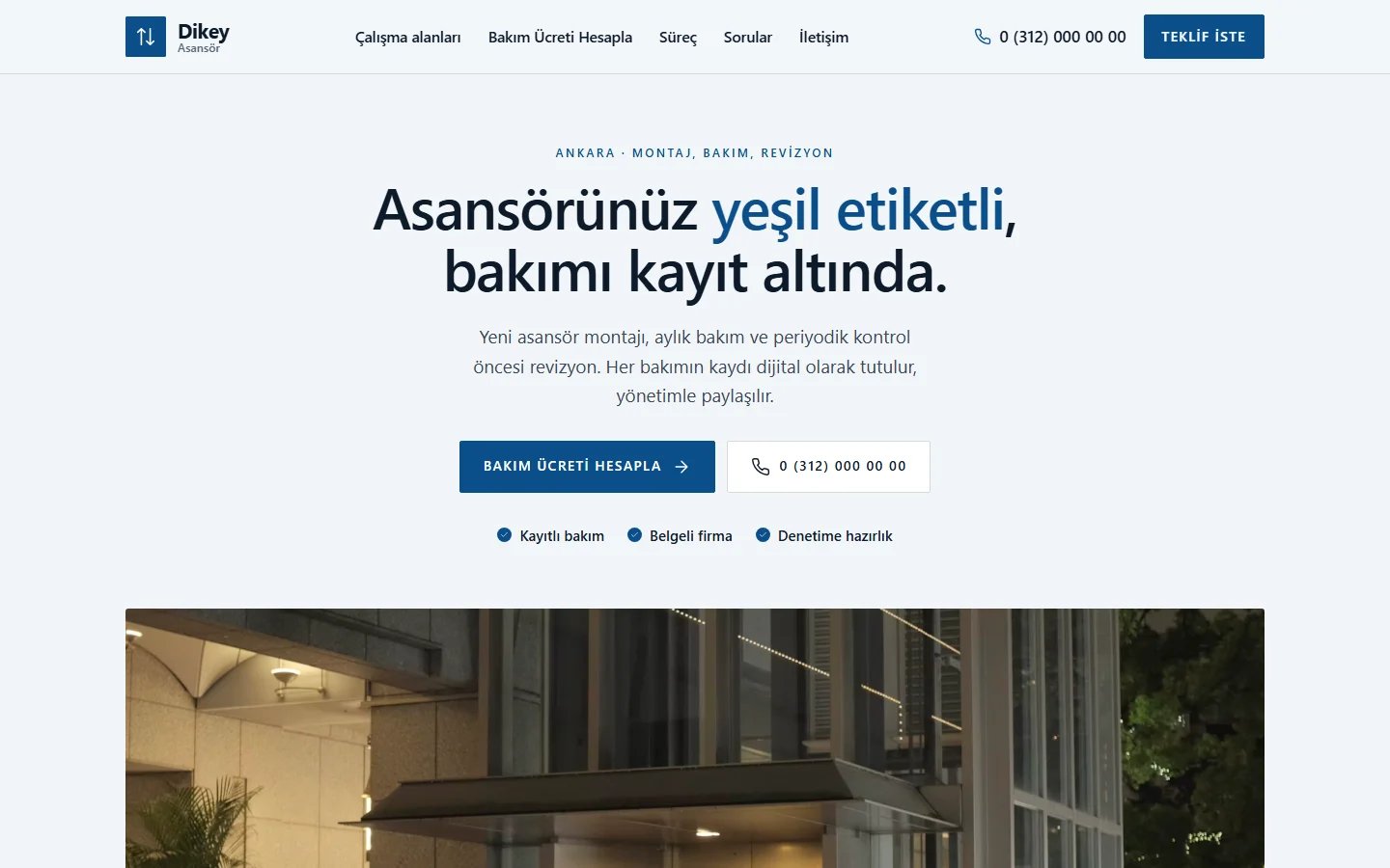 Asansör Firması için örnek web sitesinin masaüstü açılış ekranı