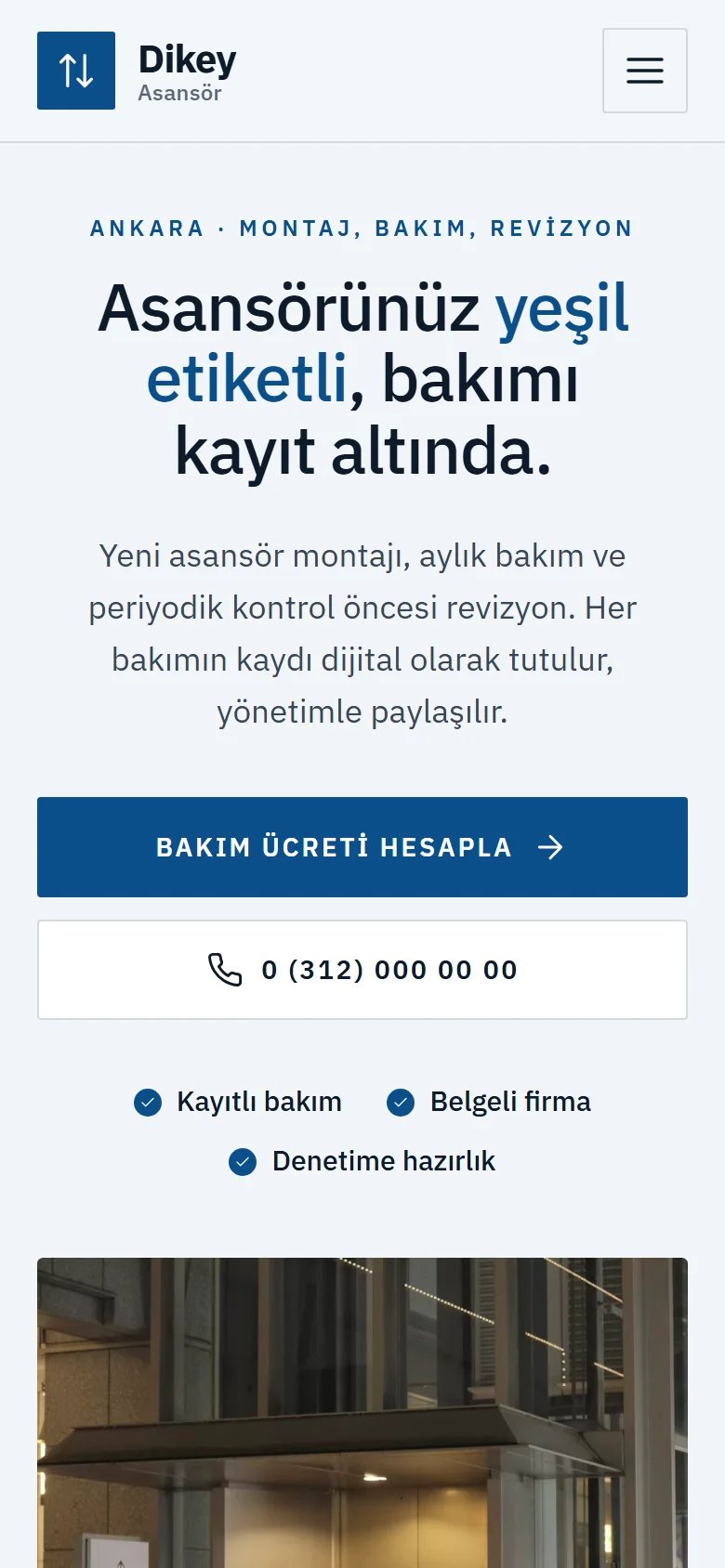 Asansör Firması için örnek web sitesinin telefon görünümü