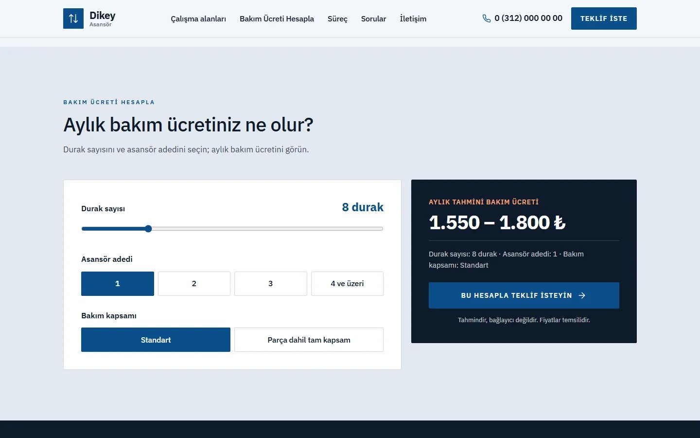 Asansör Firması örnek web sitesinde hesaplama aracı bölümü