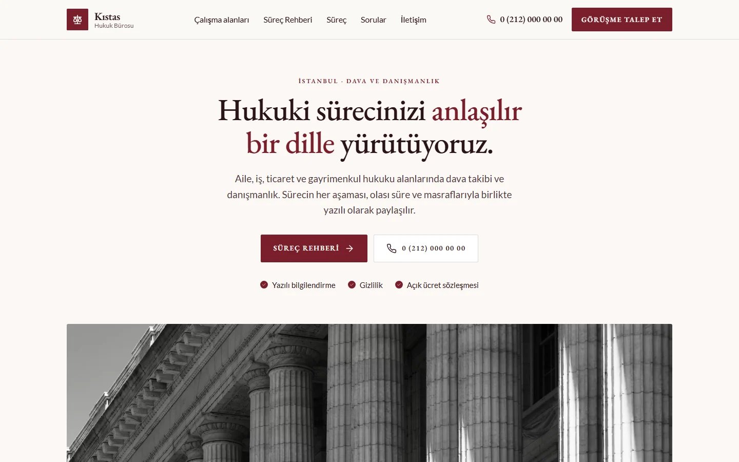 Avukat ve Hukuk Bürosu için örnek web sitesinin masaüstü açılış ekranı
