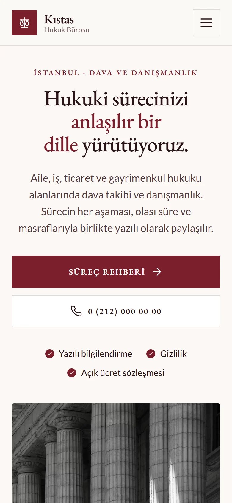 Avukat ve Hukuk Bürosu için örnek web sitesinin telefon görünümü