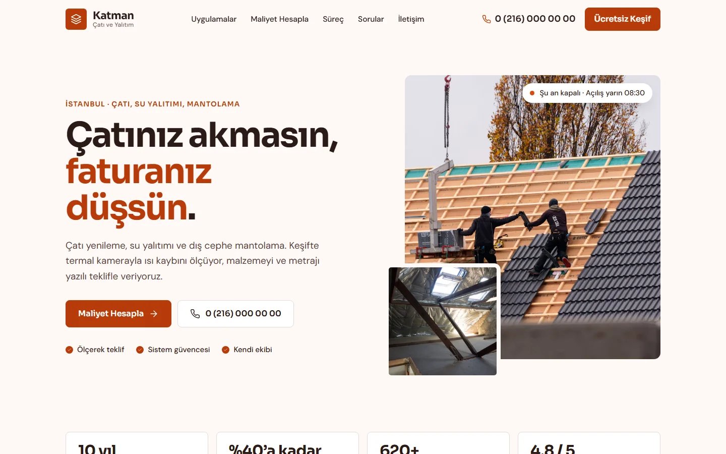Çatı, İzolasyon ve Mantolama için örnek web sitesinin masaüstü açılış ekranı