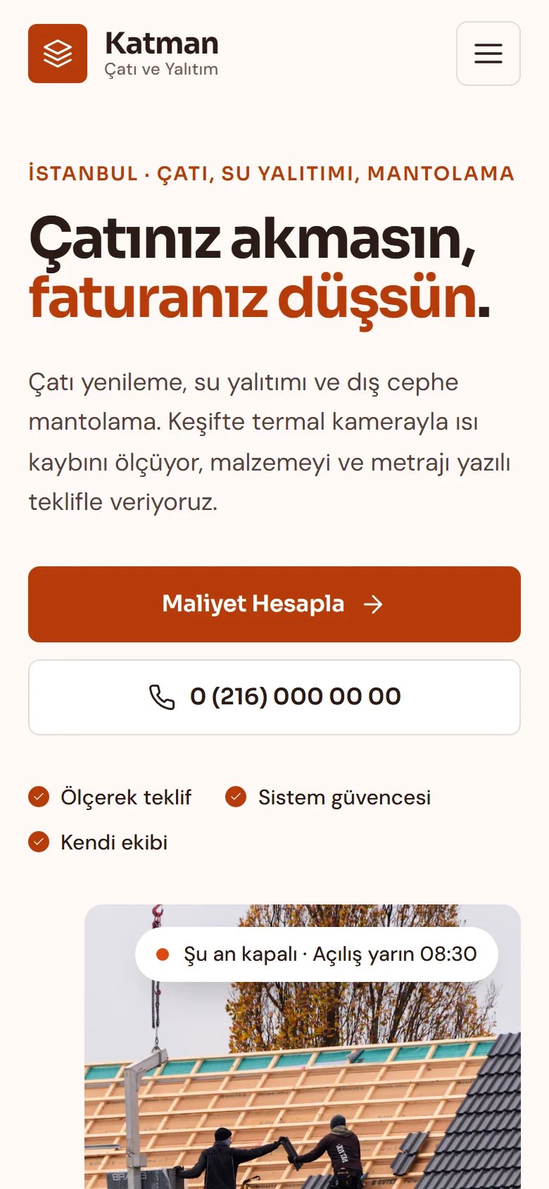Çatı, İzolasyon ve Mantolama için örnek web sitesinin telefon görünümü