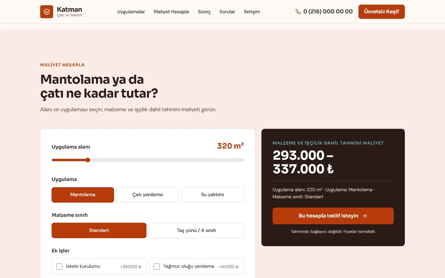 Çatı, İzolasyon ve Mantolama örnek web sitesinde hesaplama aracı bölümü