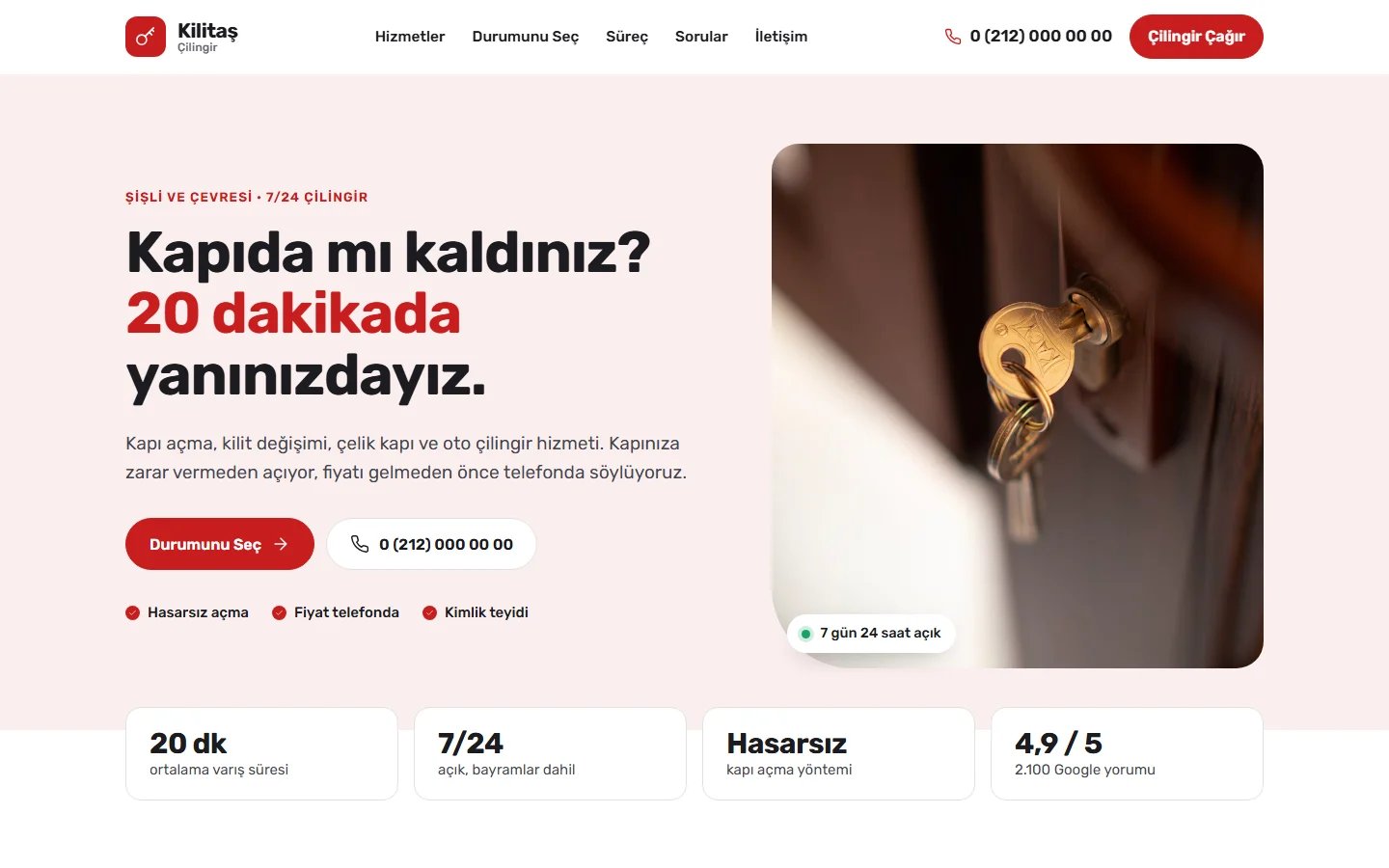 Çilingir için örnek web sitesinin masaüstü açılış ekranı