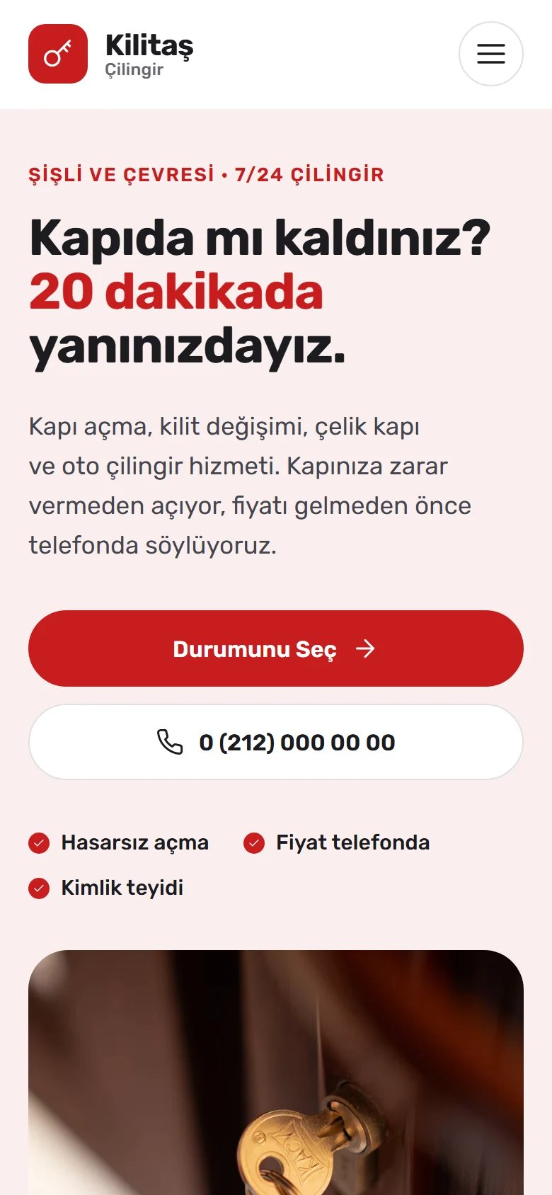 Çilingir için örnek web sitesinin telefon görünümü