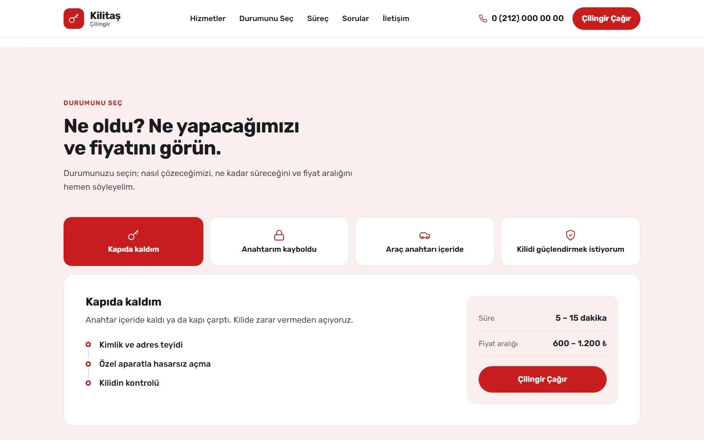 Çilingir örnek web sitesinde seçim aracı bölümü