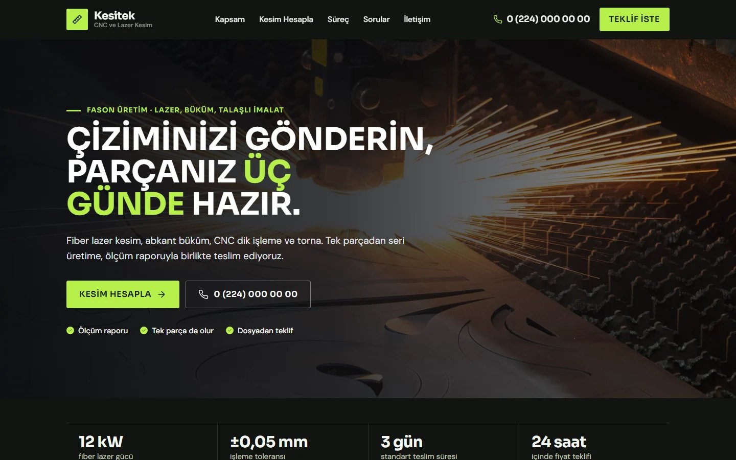 CNC, Lazer Kesim ve Metal İşleme için örnek web sitesinin masaüstü açılış ekranı