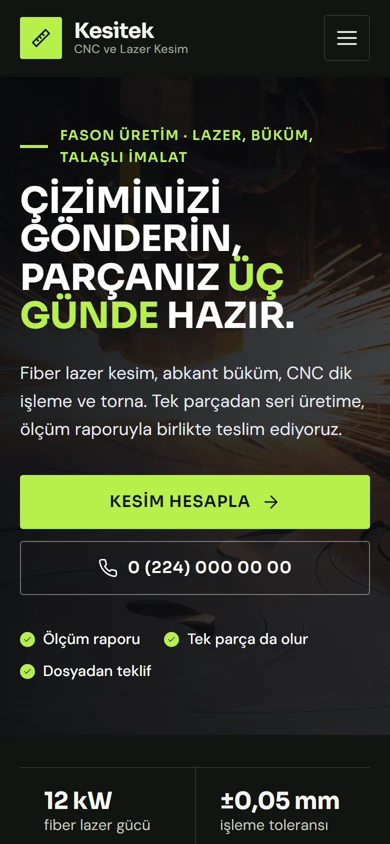 CNC, Lazer Kesim ve Metal İşleme için örnek web sitesinin telefon görünümü