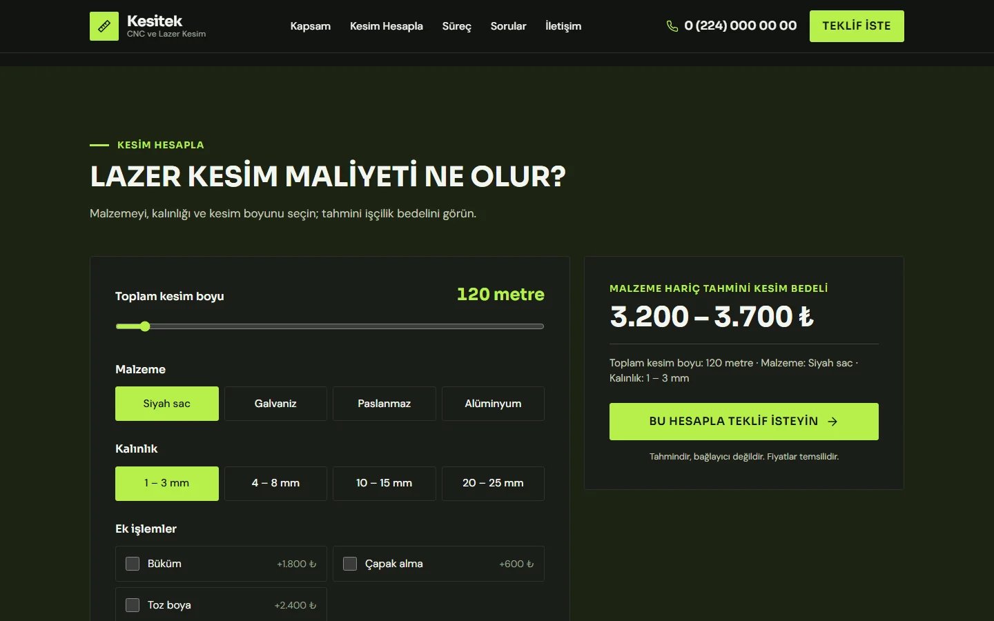 CNC, Lazer Kesim ve Metal İşleme örnek web sitesinde hesaplama aracı bölümü