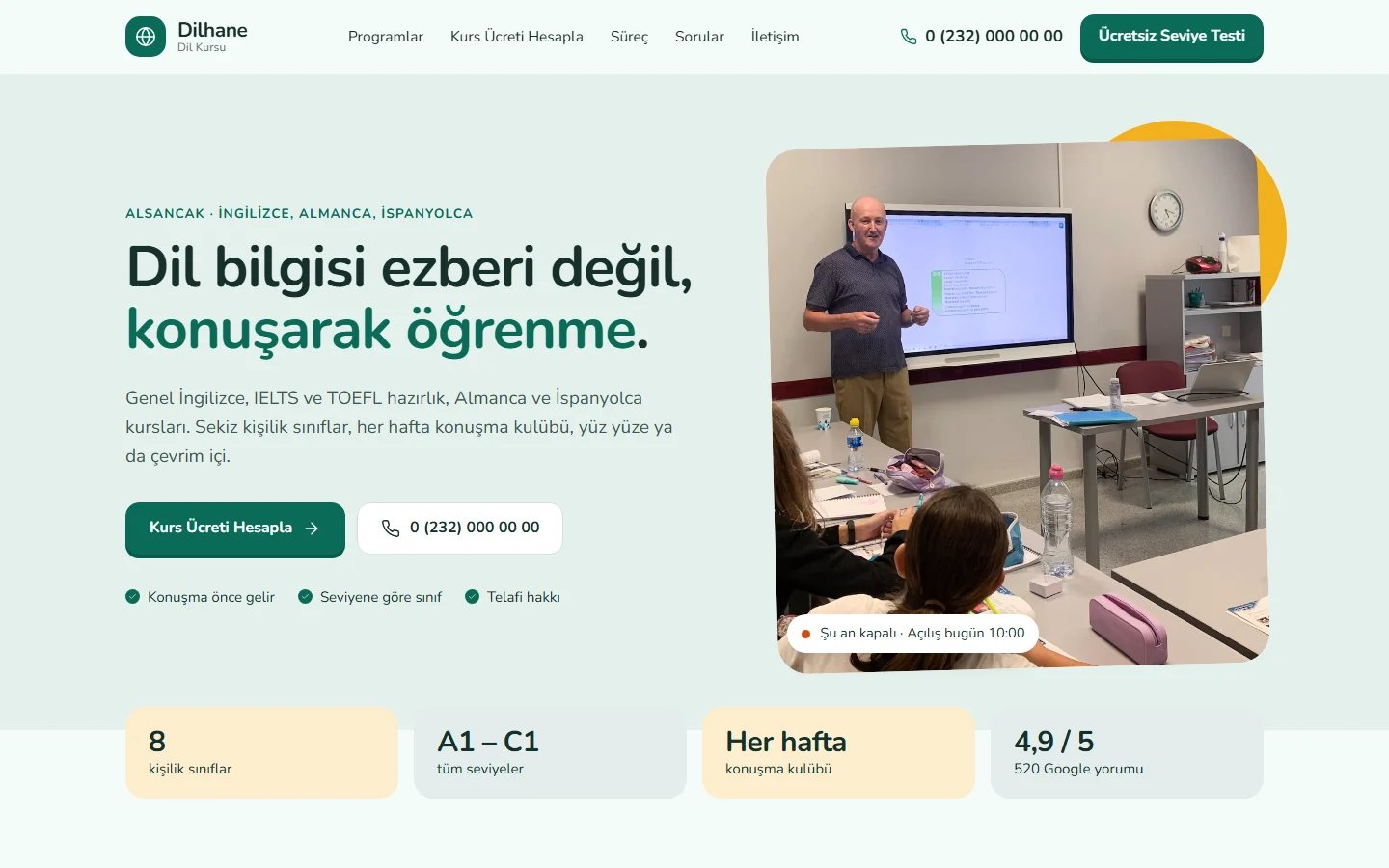 Dil Kursu için örnek web sitesinin masaüstü açılış ekranı