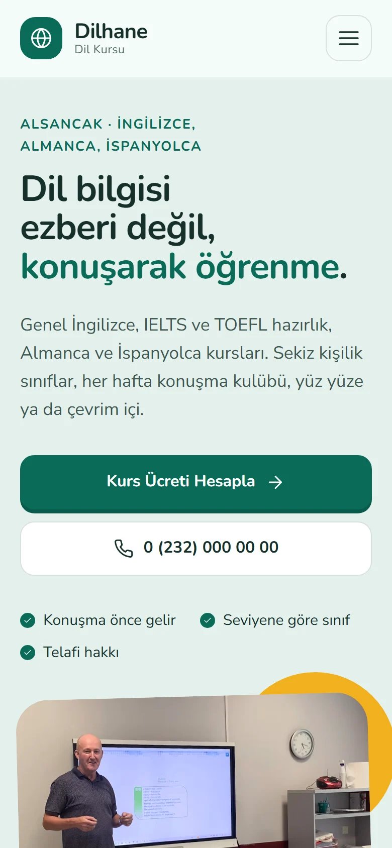 Dil Kursu için örnek web sitesinin telefon görünümü