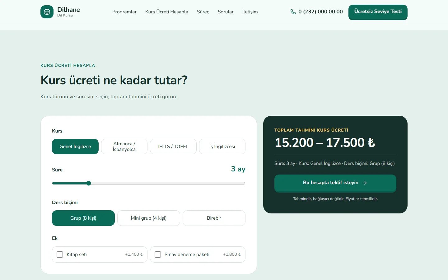 Dil Kursu örnek web sitesinde hesaplama aracı bölümü