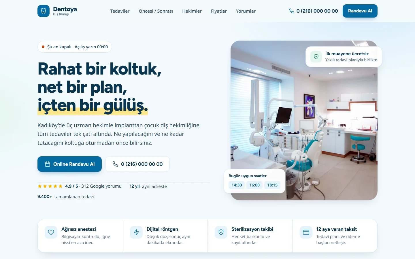Diş Kliniği için örnek web sitesinin masaüstü açılış ekranı
