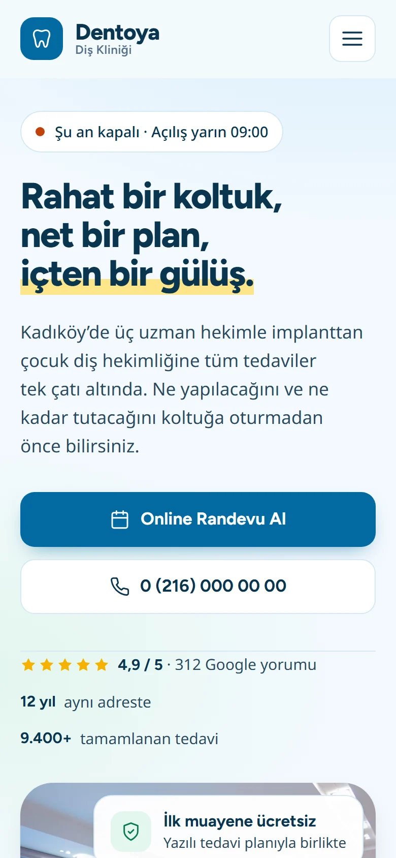 Diş Kliniği için örnek web sitesinin telefon görünümü