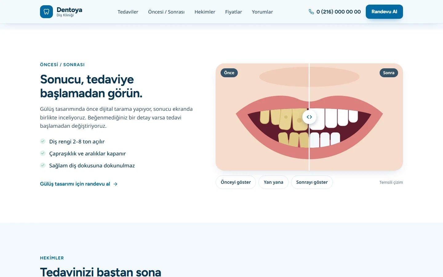 Diş Kliniği örnek web sitesinde kaydırmalı önce / sonra karşılaştırması bölümü
