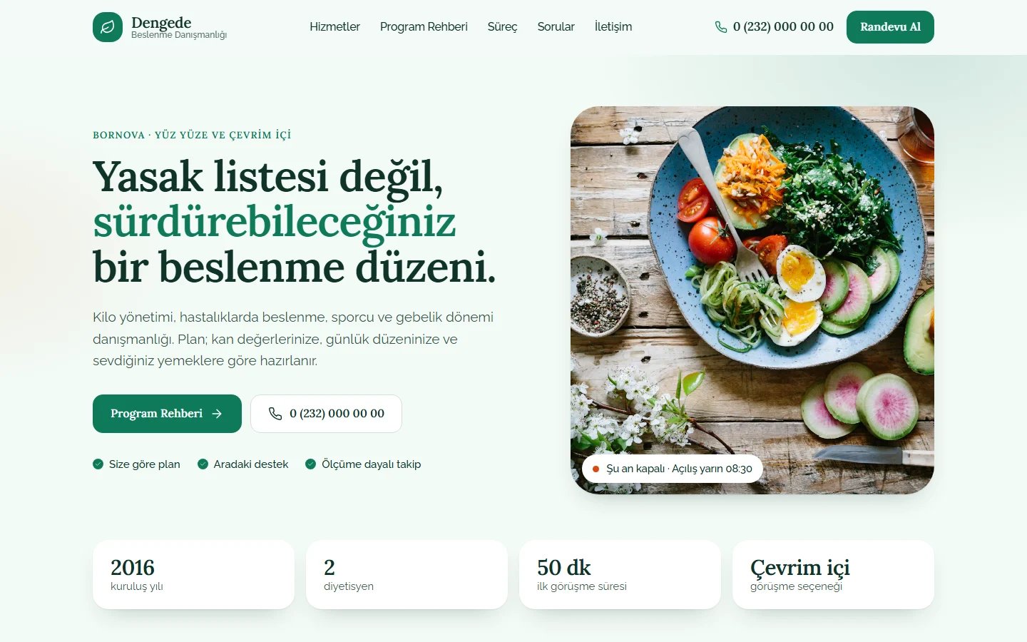 Diyetisyen için örnek web sitesinin masaüstü açılış ekranı