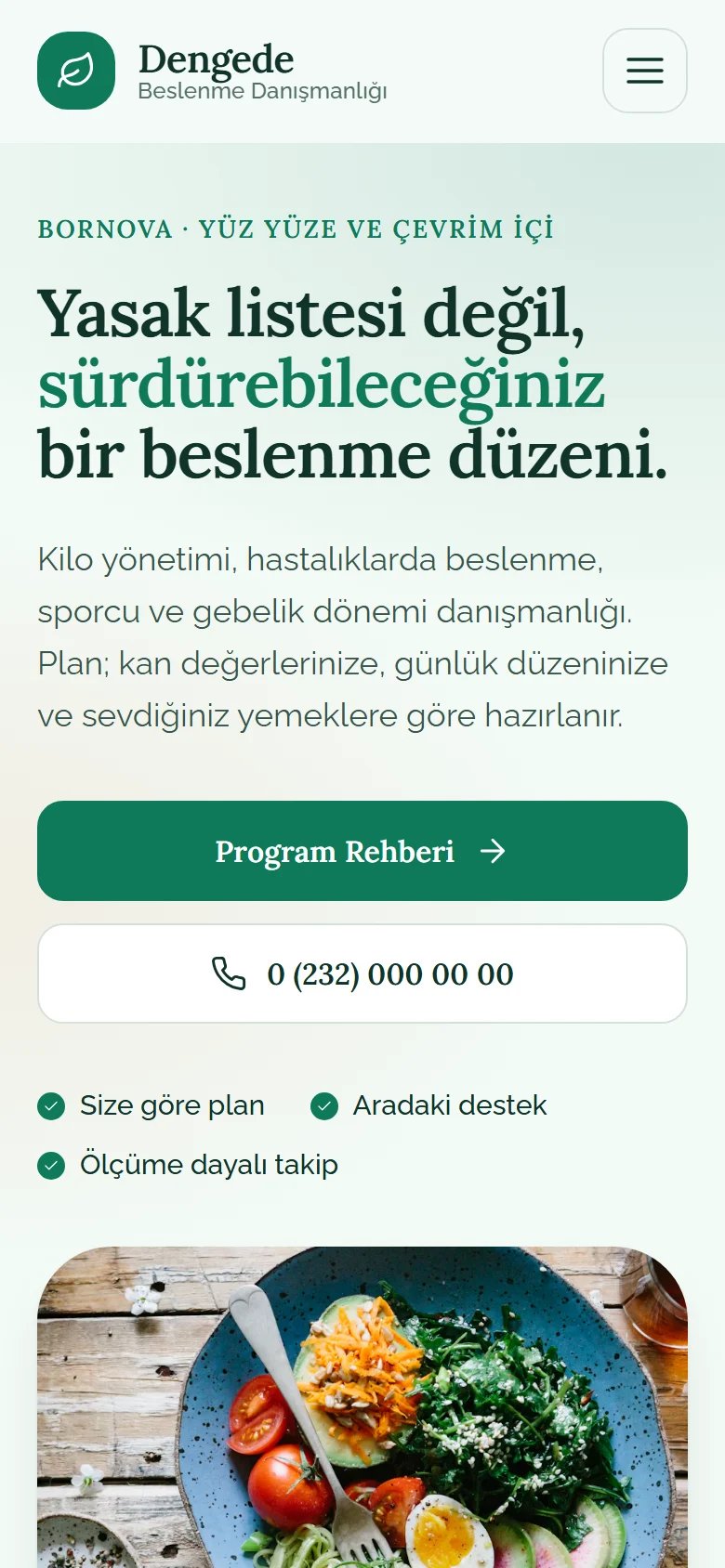Diyetisyen için örnek web sitesinin telefon görünümü