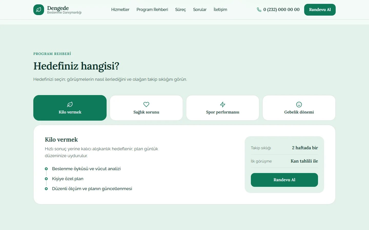 Diyetisyen örnek web sitesinde seçim aracı bölümü