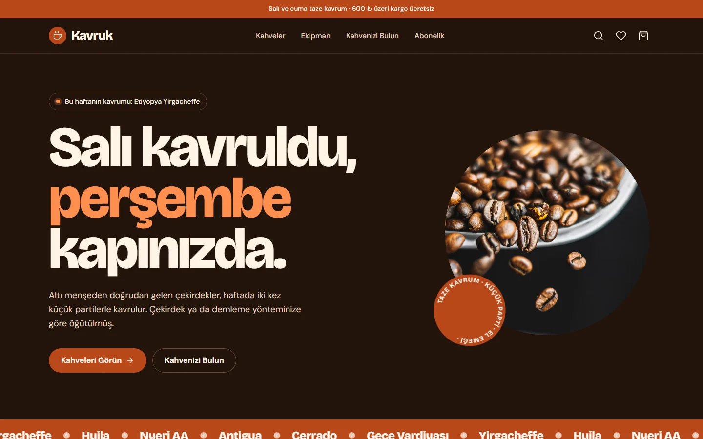 Kahve Kavurucusu için örnek web sitesinin masaüstü açılış ekranı