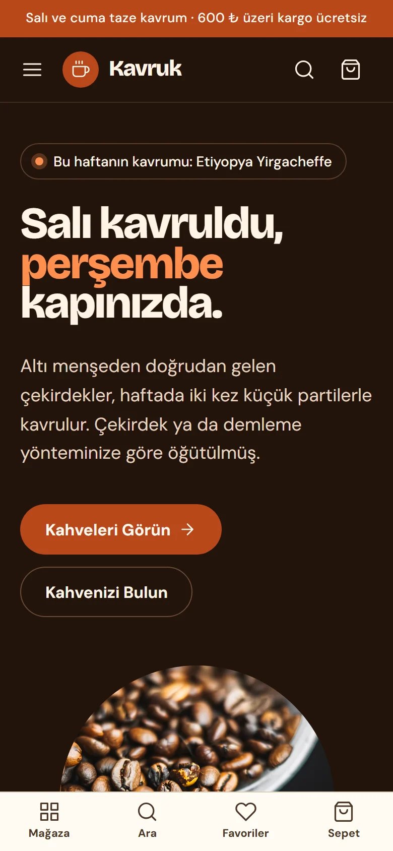 Kahve Kavurucusu için örnek web sitesinin telefon görünümü