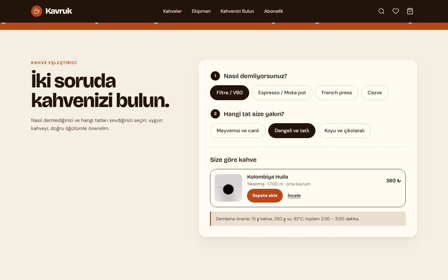 Kahve Kavurucusu örnek web sitesinde kahve eşleştirici bölümü