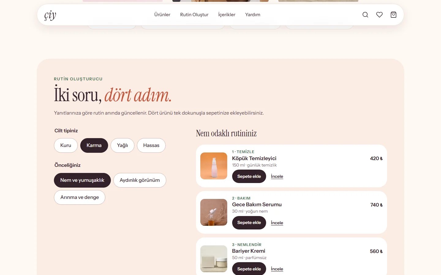 Kozmetik ve Cilt Bakımı örnek web sitesinde rutin oluşturucu bölümü