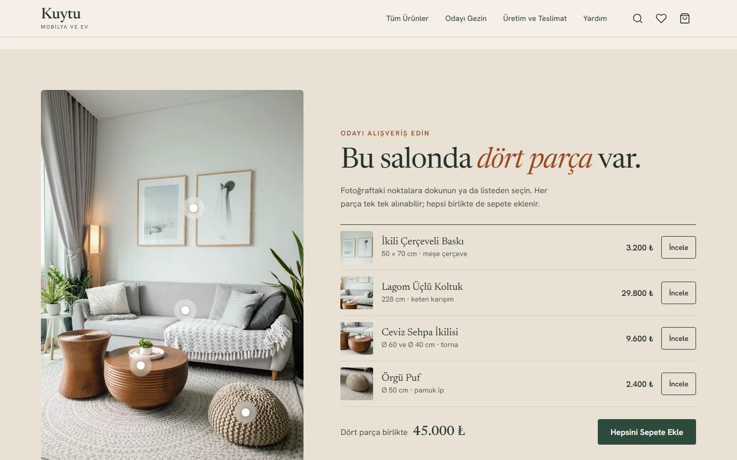 Mobilya ve Ev Dekorasyonu örnek web sitesinde oda fotoğrafından alışveriş bölümü