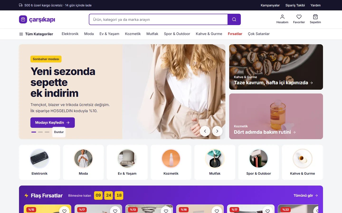 Çok Kategorili Mağaza için örnek web sitesinin masaüstü açılış ekranı