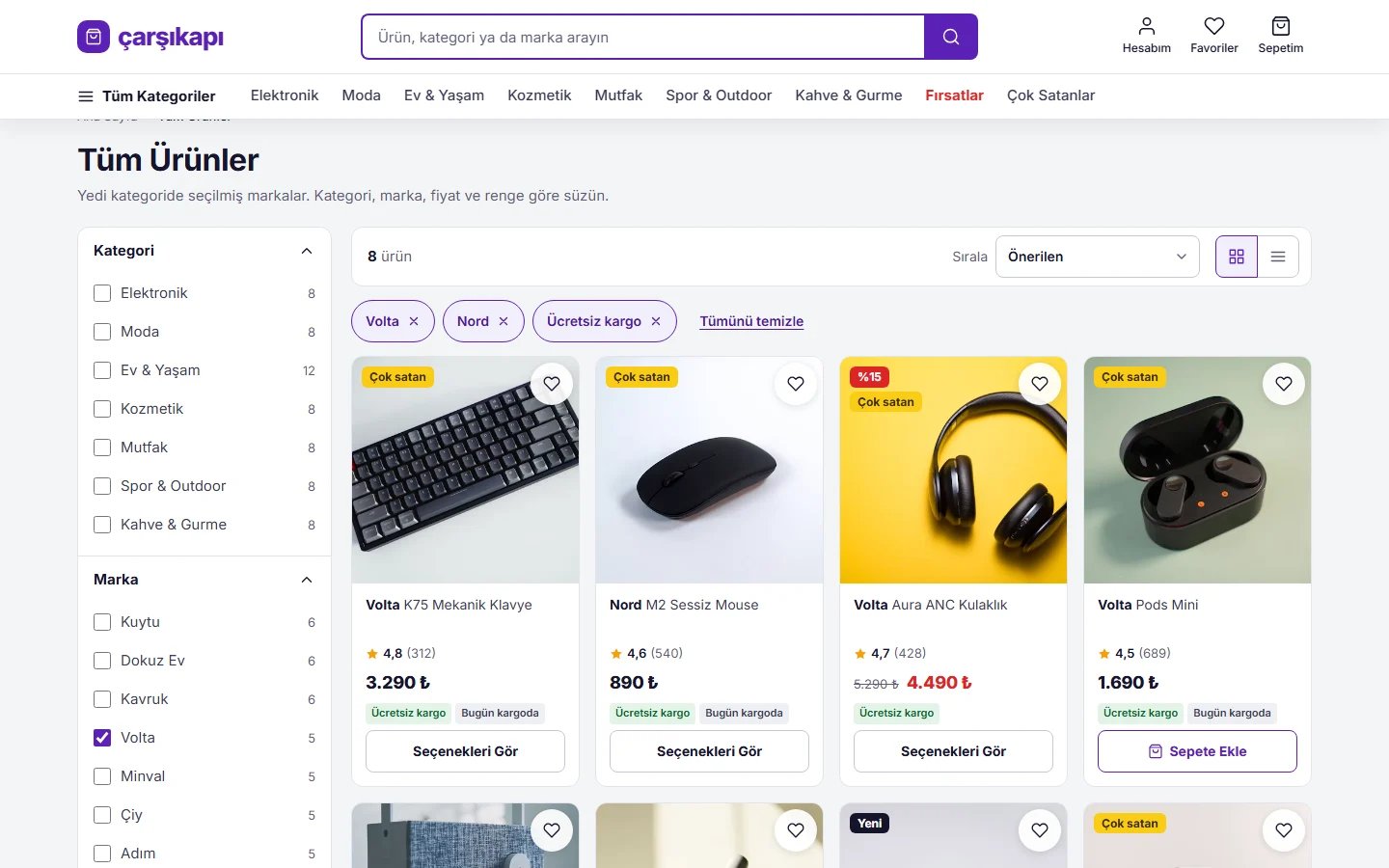Çok Kategorili Mağaza örnek web sitesinde filtreli ürün listesi bölümü
