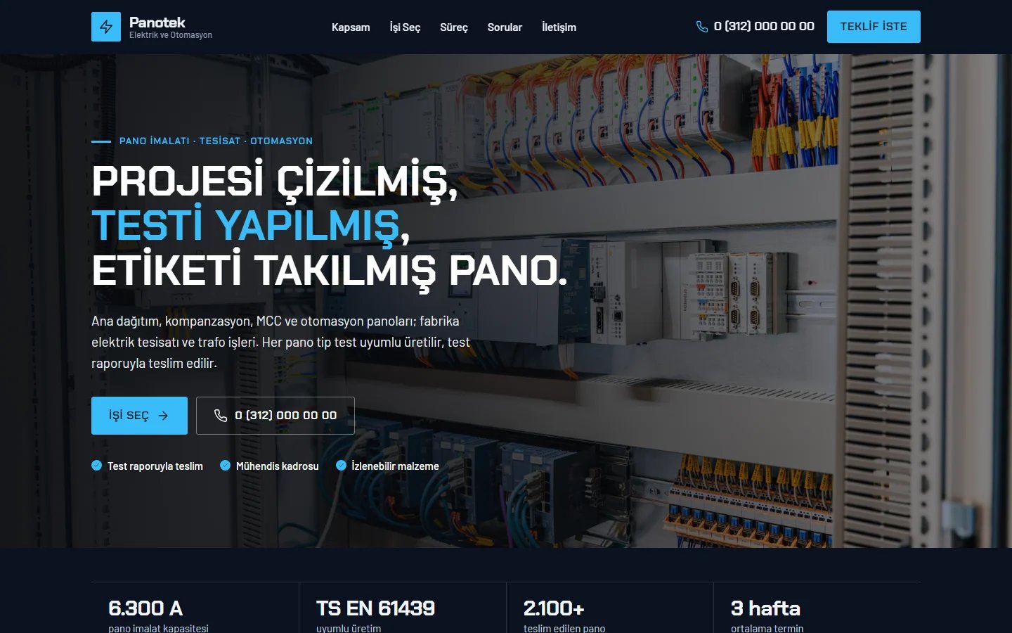 Endüstriyel Elektrik ve Pano için örnek web sitesinin masaüstü açılış ekranı