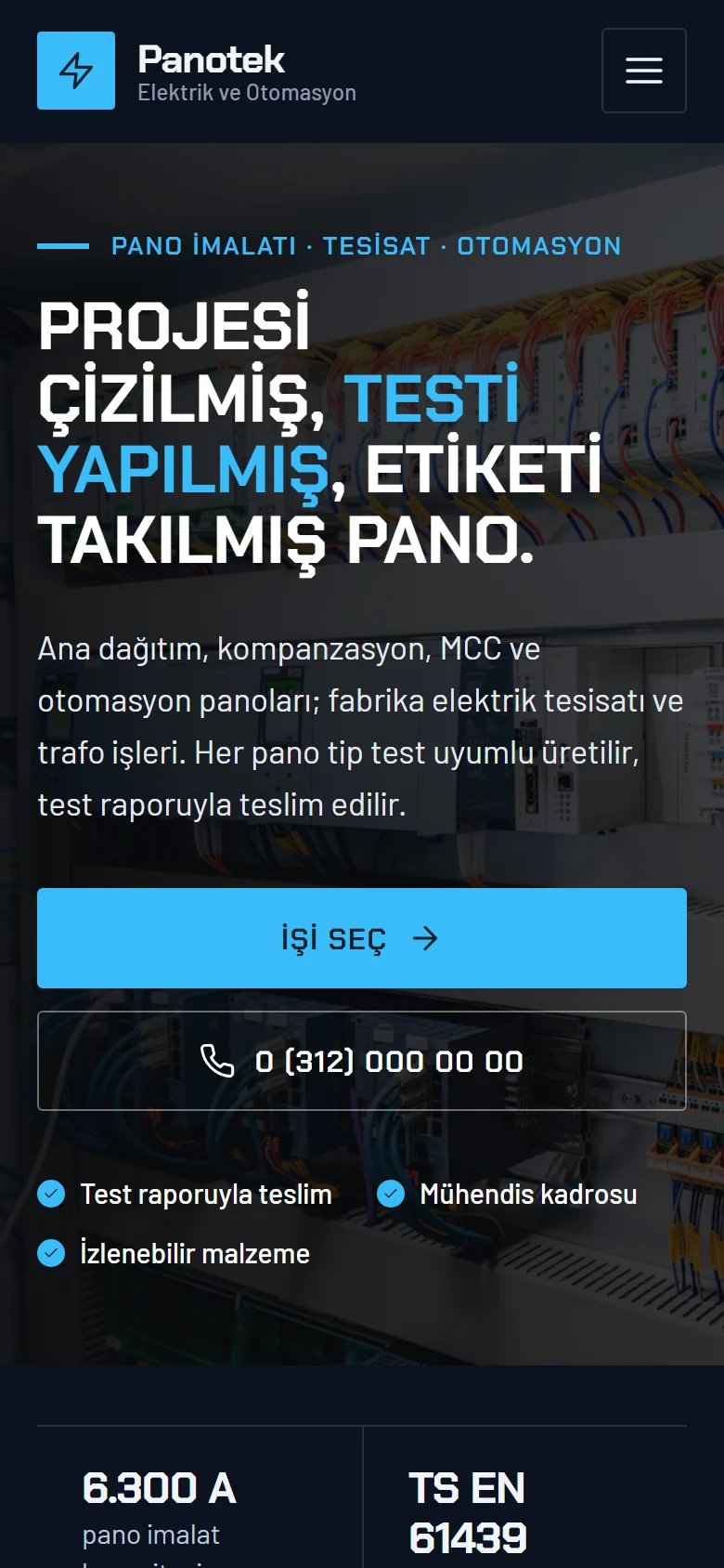 Endüstriyel Elektrik ve Pano için örnek web sitesinin telefon görünümü