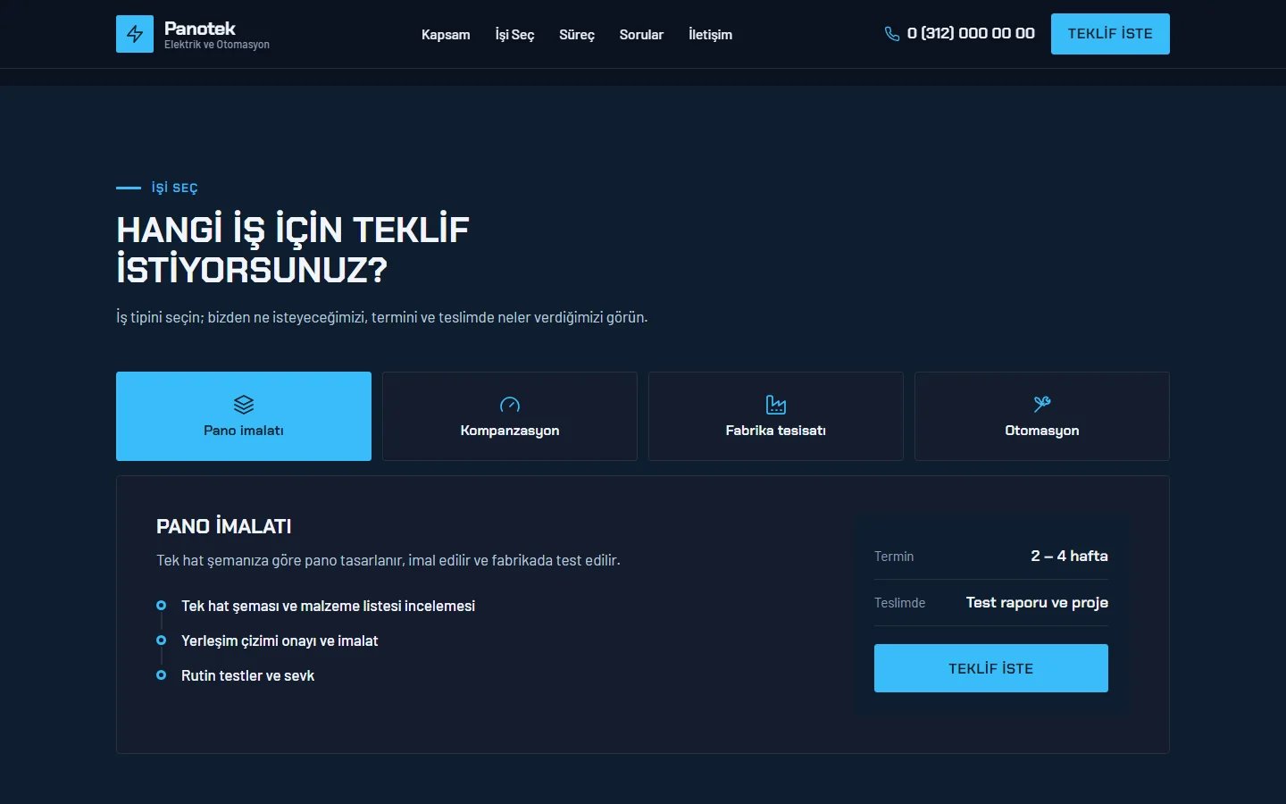 Endüstriyel Elektrik ve Pano örnek web sitesinde seçim aracı bölümü
