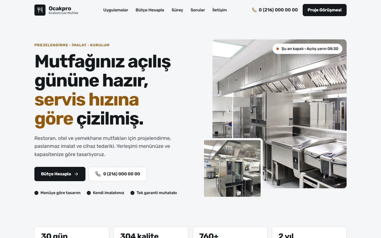 Endüstriyel Mutfak için örnek web sitesinin masaüstü açılış ekranı