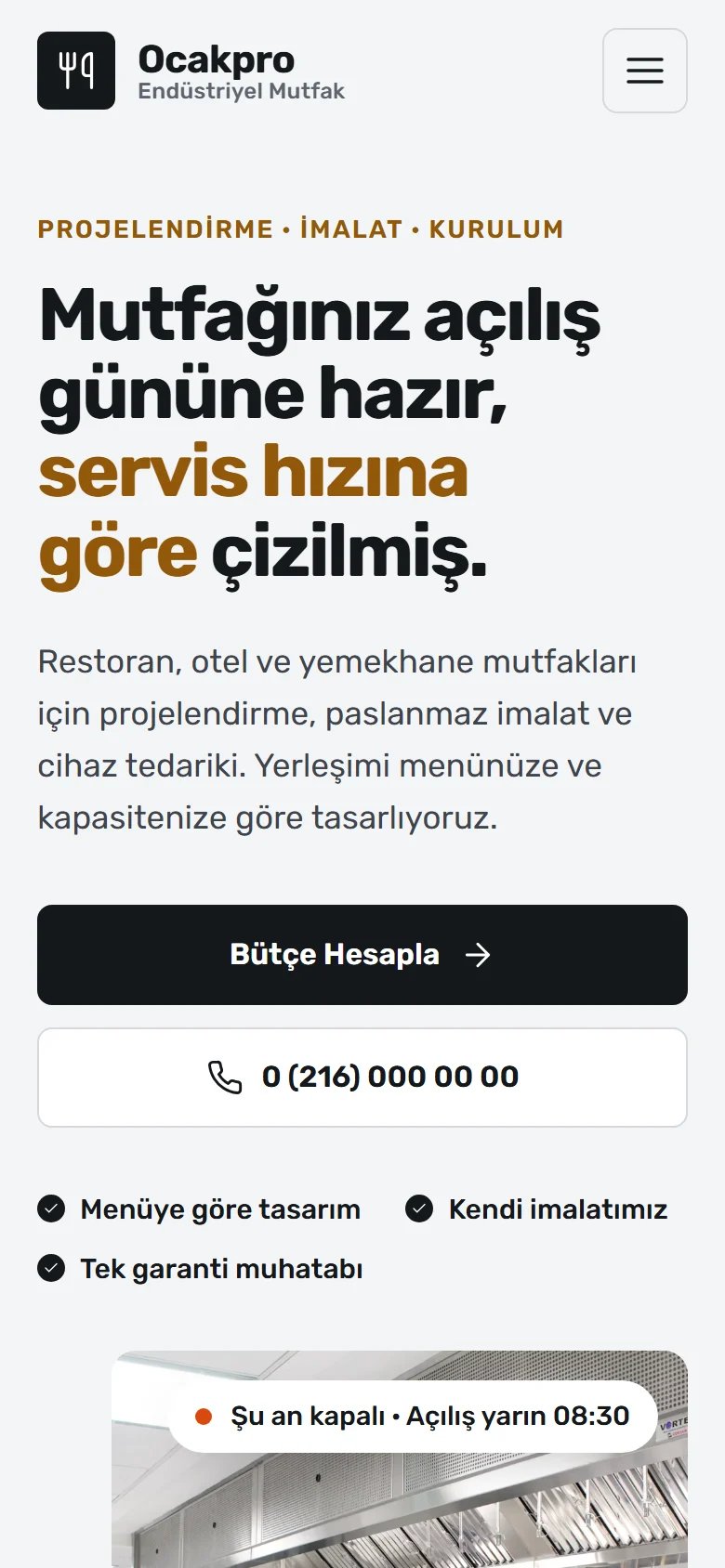 Endüstriyel Mutfak için örnek web sitesinin telefon görünümü