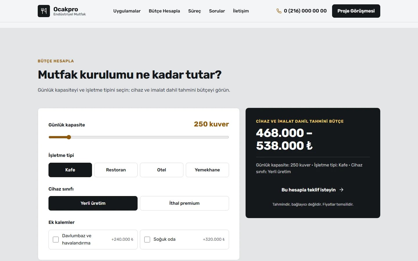 Endüstriyel Mutfak örnek web sitesinde hesaplama aracı bölümü