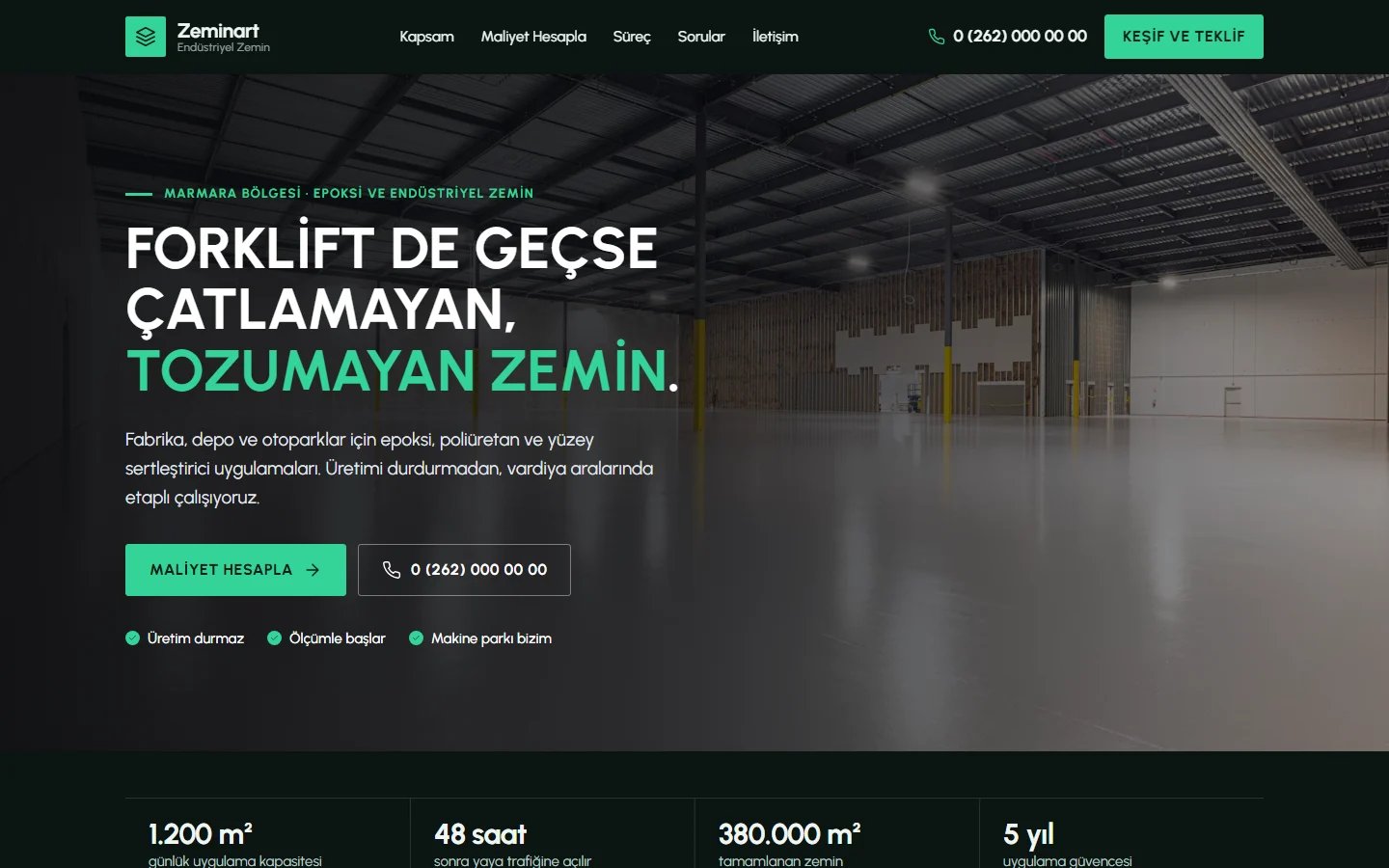 Zemin Kaplama ve Epoksi için örnek web sitesinin masaüstü açılış ekranı