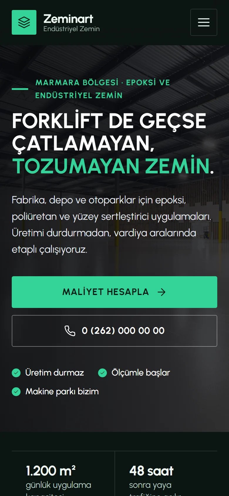 Zemin Kaplama ve Epoksi için örnek web sitesinin telefon görünümü