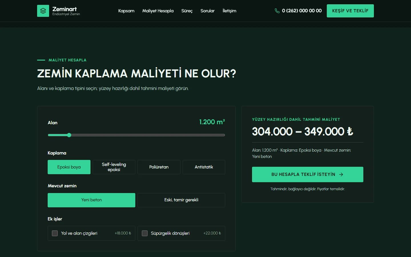 Zemin Kaplama ve Epoksi örnek web sitesinde hesaplama aracı bölümü