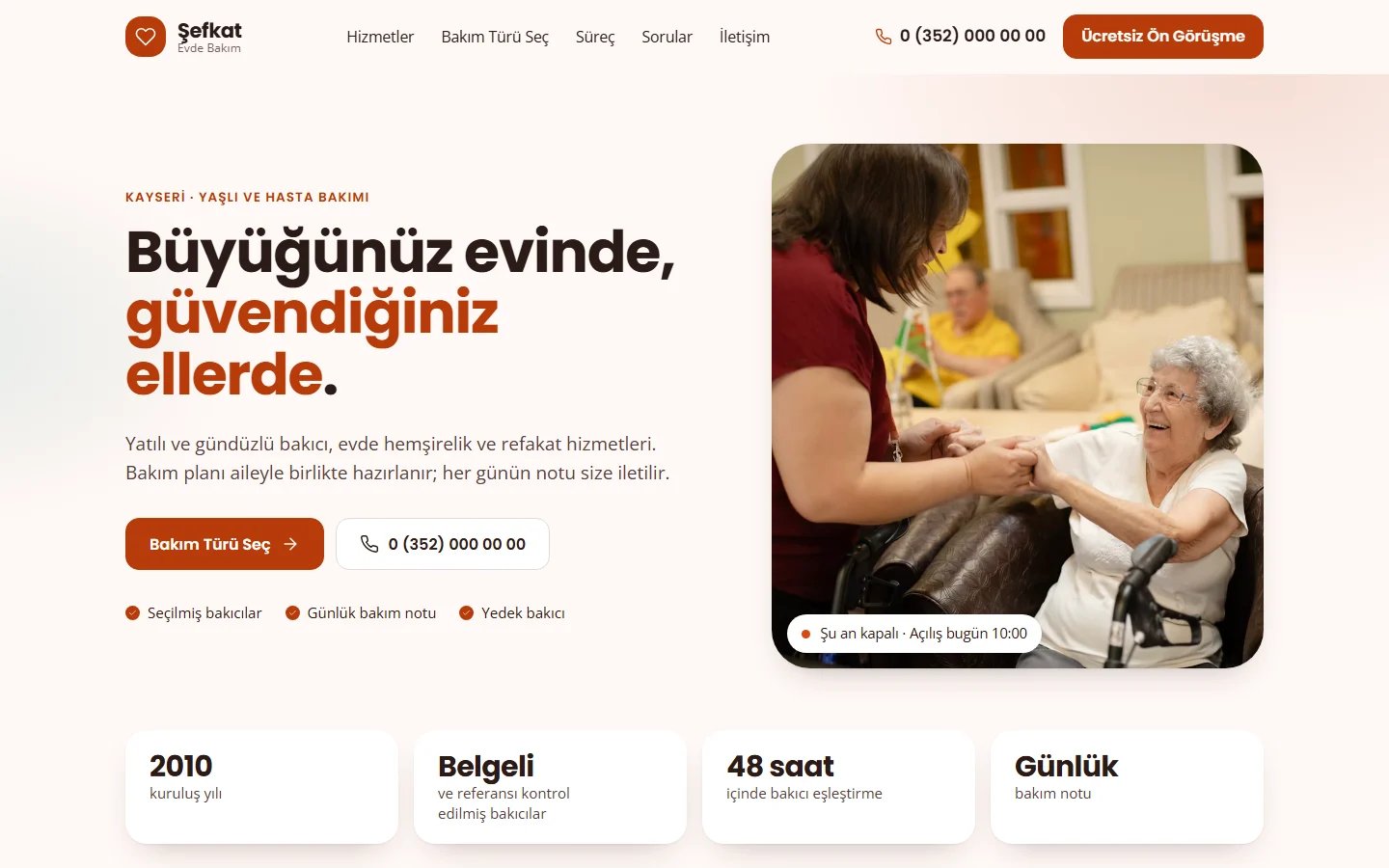 Evde Bakım ve Yaşlı Bakımı için örnek web sitesinin masaüstü açılış ekranı