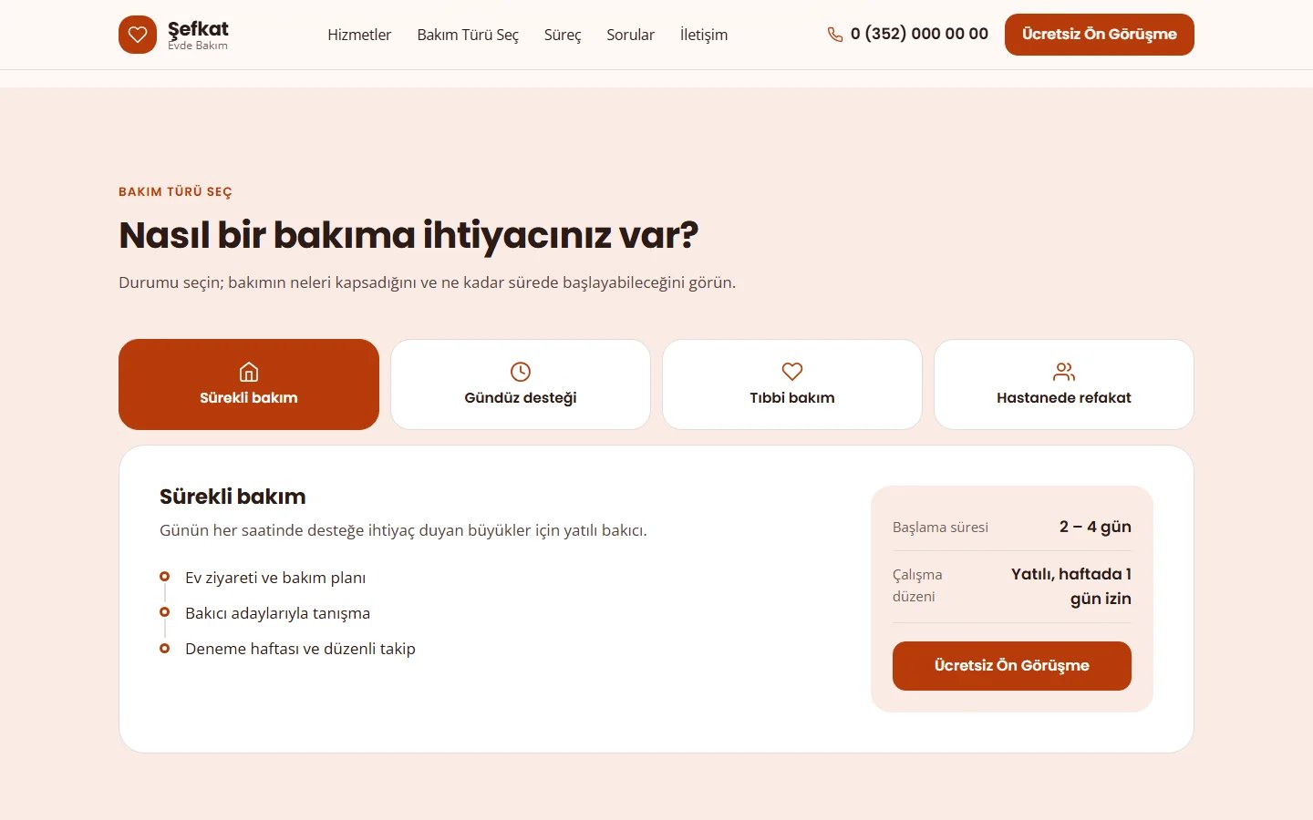Evde Bakım ve Yaşlı Bakımı örnek web sitesinde seçim aracı bölümü