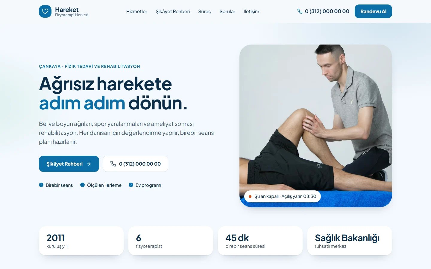 Fizyoterapi Merkezi için örnek web sitesinin masaüstü açılış ekranı