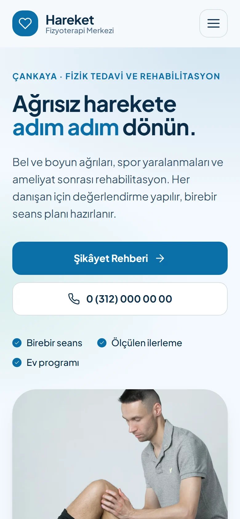 Fizyoterapi Merkezi için örnek web sitesinin telefon görünümü
