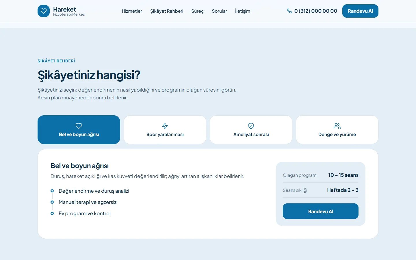 Fizyoterapi Merkezi örnek web sitesinde seçim aracı bölümü